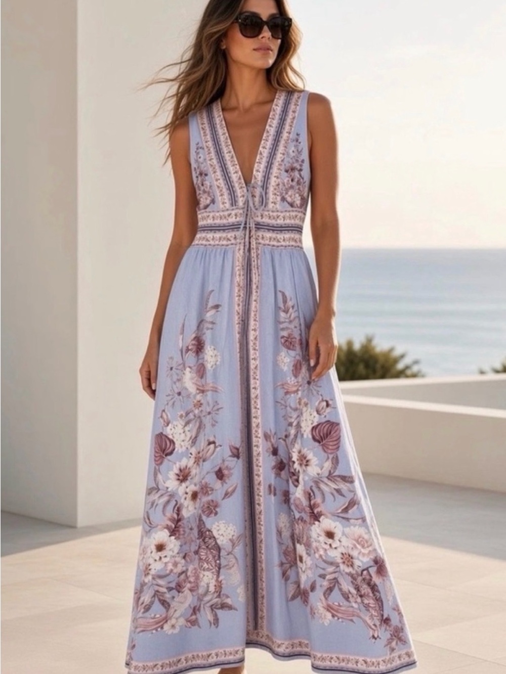 Caroline Constas Light Periwinkle Floral Embroidered V-Neck Maxi Dress